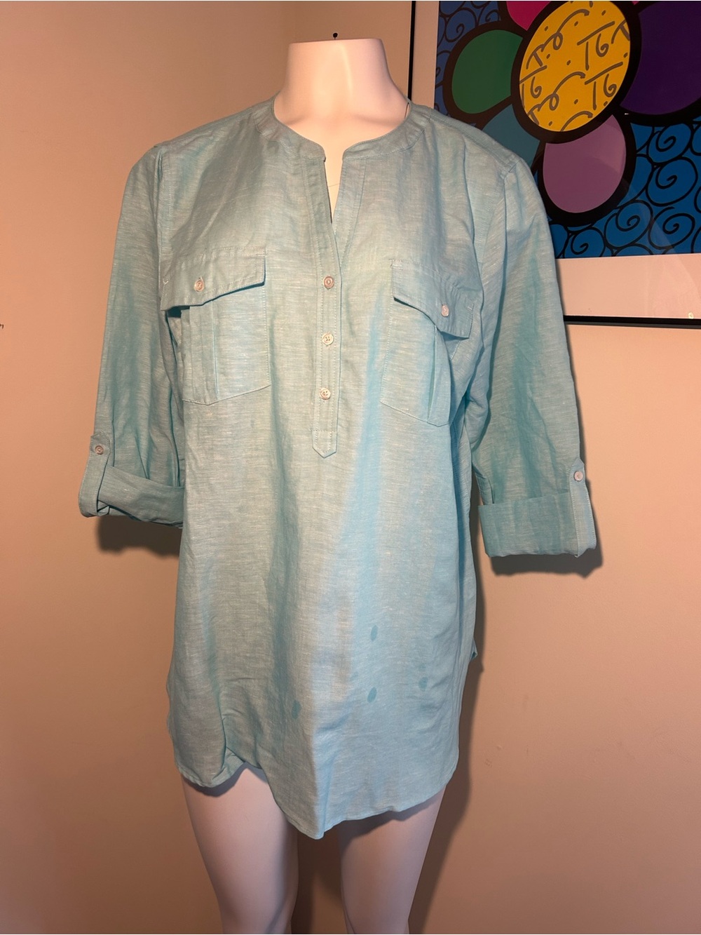 Talbots Linen Blend Aqua Womens Button-Henley Linen Shirt Size XL NWT